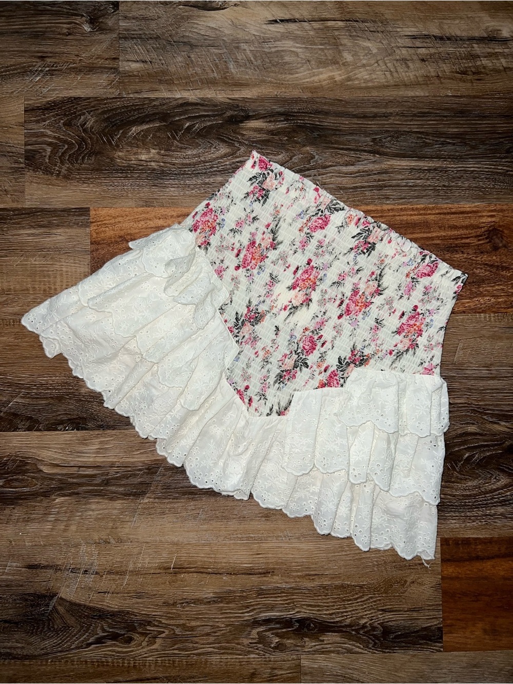 We’re All Pretty Girls Floral Print Smocked Ruffle Mini Gianna Skirt, Size L